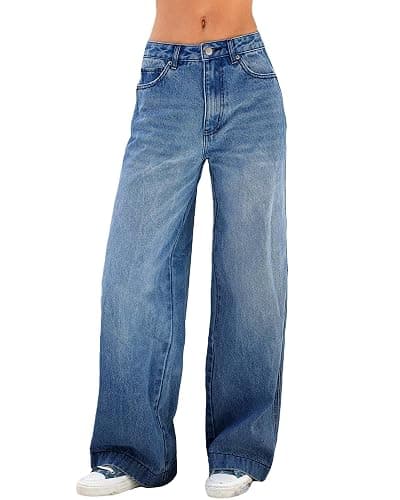 Womens Straight Wide Leg Jeans High Waisted Stretchy Baggy Denim Pants. - Image 1