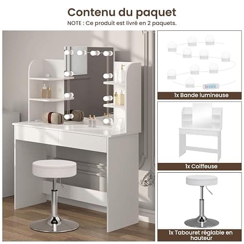 WOLTU Coiffeuse avec Miroir LED, Coiffeuse avec Tabouret Réglable en Hauteur, Table de Maquillage avec 2 Tiroirs 4 Étagères Ouvertes, 108x40x142cm, Bureau Coiffeuse Blanche en Bois, MB6106ws thumbnail 6