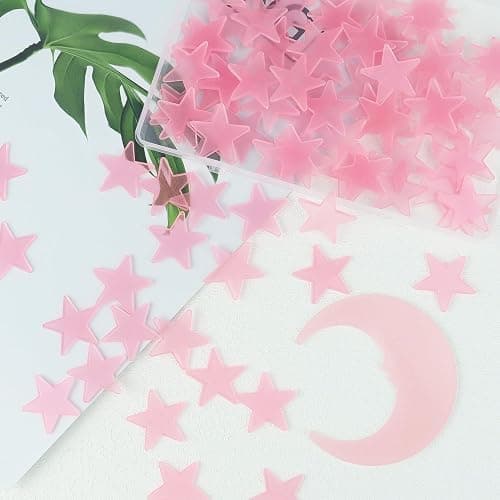 100 Stars and 1 Moon Glow in The Dark Luminous Fluorescent 3D Plastic Glow Stars Moon for Ceiling, Glowing Wall Stickers Create a Realistic Starry Sky, Room Decorations (Pink) thumbnail 2