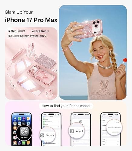 Meifigno Designed for iPhone 17 Pro Max Case 6.9", [Glitter Card & Wrist Strap] [Compatible with MagSafe] [2X HD Screen Protectors] Surround Raised Lens Protection for 17 ProMax Phone Case, Rose Gold thumbnail 2