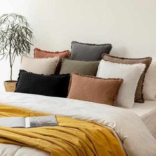 Foindtower Set of 2 Decorative Linen Fringe Lumbar Throw Pillow Covers Boho Farmhouse Cushion Cover with Tassels Soft Accent Pillowcase for Couch Sofa Bed Living Room Home Decor,12×20 Inch,Light Brown thumbnail 7