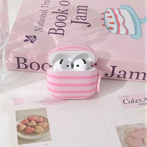 Fycyko Compatible for AirPods 4 Case Soft TPU with Cleaner Kit Cute Horizontal Stripes Aesthetic Printed Design Shockproof Keychain Cover for Girls Woman-Pink thumbnail 4