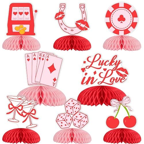 Kreatwow Vegas Bachelorette Party Decorations Red Casino Lucky In Love Honeycomb Centerpieces 8Pcs Casino Table Decoration Cocktail Cherry Vegas Bridal Shower Decor Game Night Poker Dice Party Supply - Image 1