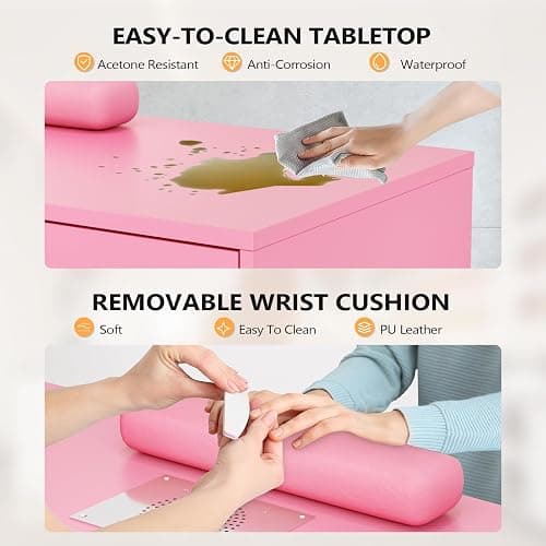 OmySalon L Shaped Manicure Table with Dust Collector, 52" L Corner Nail Desk for Nail Techs, w/Polish Display Rack Arm Rest, Acetone Resistant Top, Drawer and Cabinet Storage, for Nail Salon (Pink) thumbnail 7