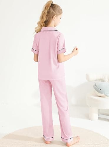 Veseacky Unisex Satin Pajamas Set Boys Girls Silk Pjs Short Sleeve 2 Piece Sleepwear Button-Down Kids Nightwear(4-13T) - Pants-pink - 12-13 Years thumbnail 5