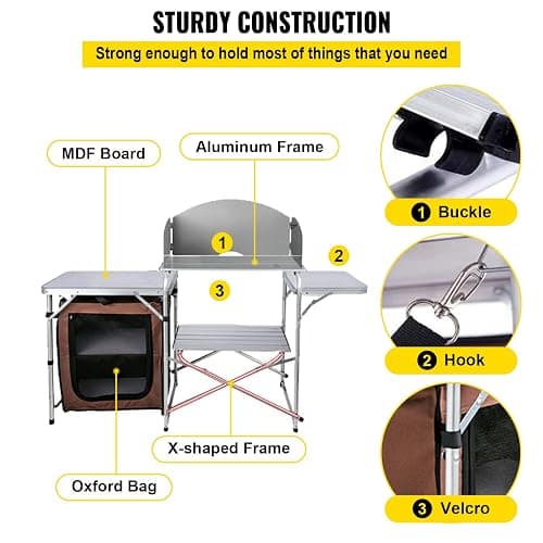 VEVOR Camping Kitchen Table, Aluminum Portable Folding Camp Cook Station with Windscreen, Cupboard, Storage Organizer, Carrying Bag, Quick Installation for Outdoor Picnic Beach BBQ RV Traveling, Brown thumbnail 6