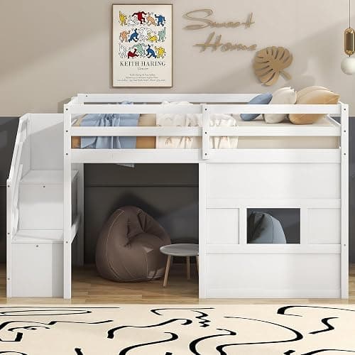 Twin Size Loft Bed with Storage Staircase and Window, Solid Wood Low Loft Bed Frame with LED Light, Full-Length Guardrails and Slats, Space-Saving Kids Bed, No Box Spring Needed, White Finish thumbnail 4