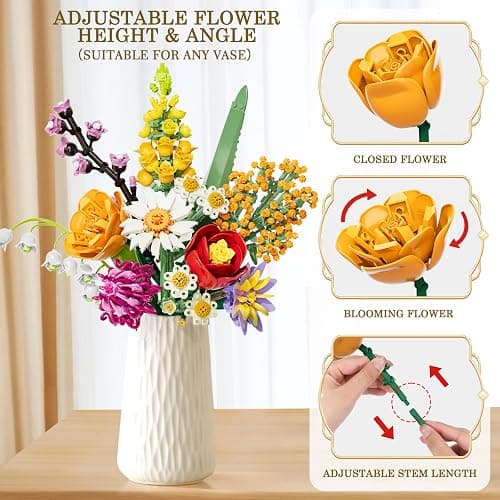 Flowers Bouquet Building Set, 1070PCS Wildflower Botanical Collection, Artificial Plant Flower Kit Toy for Adults Kids Women Her, Home Decor Gift for Birthday, Christmas (No Vase) thumbnail 4