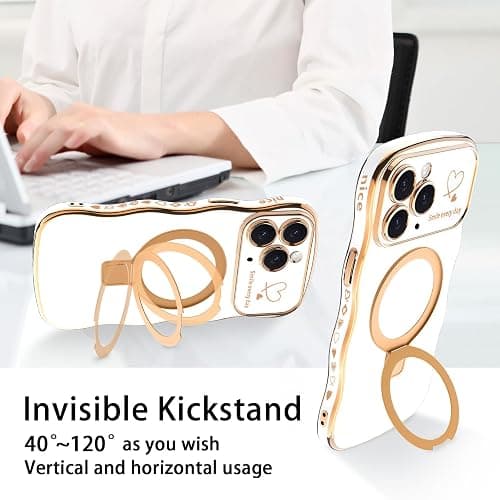 TKJSQ Case for iPhone 11 Pro Max with Magnetic Stand, Luxury Plating Curly Wavy Frame and Cute Heart Pattern, Lens Edge Raised Protection, Slim Shockproof Soft Case for iPhone 11 Pro Max-White thumbnail 2
