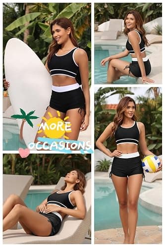 Holipick Women's Sporty Bikini Sets Two Piece Color Block Swimsuit Bathing Suits with High Waisted Boy Shorts Bottom thumbnail 6
