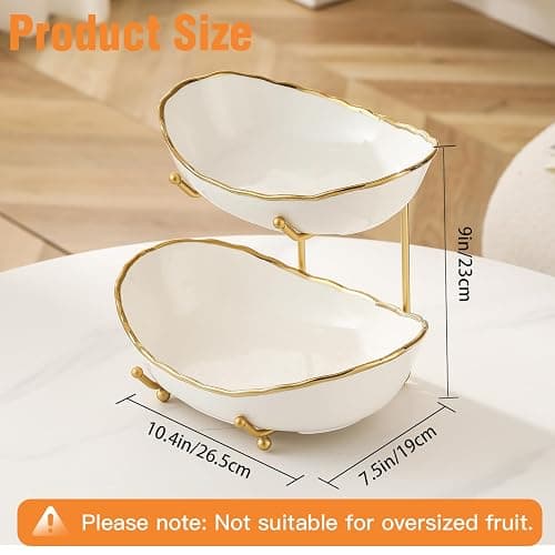 HOMKULA 2 Tier Ceramic Fruit Bowl for Kitchen Counter, Tiered Fruit Basket for Countertop, Modern Multi Layer Fruit Display Stand for Party, Cute & Smal (Gold-rimmed) thumbnail 3