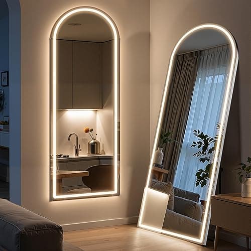 Arched Full Length Mirror with LED Lights, 60"x16" LED Floor Mirror with Stand, Body Floor Mirrors with Dimming & 3 Color Lighting, Wall Mounted LED Mirrors for Bedroom, Dressing Room, Cloakroom - Image 1