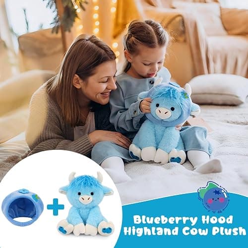 JIZWPOOM Highland Cow Plush-8inch Blueberry Highland Cow Stuffed Animal, Cute Stuffed Toys with Blueberry Removable Hood Doll, Kawaii Soft Decorations Stuffy Gift for Kids Girls Boys Toddler Birthday thumbnail 4
