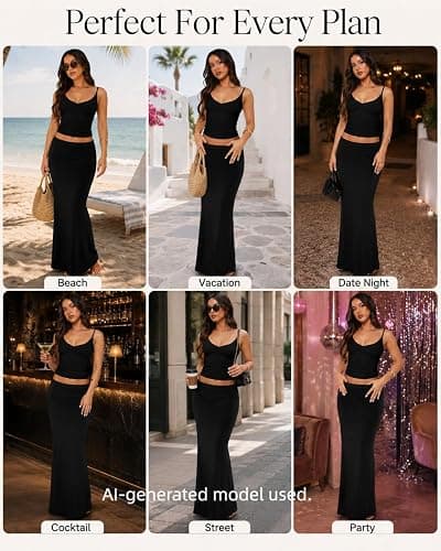 Lybiogs Two Piece Skirt Set Women Maxi Long Skirt and Top Outfit | Soft stretchy 5 pc, slim bodycon, adjustable spaghetti straps, ruched crop tank, elastic waist, going out, beach vacation thumbnail 7