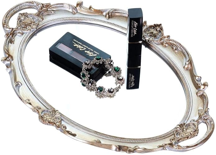 Yamfurga Oval Decorative Mirror Tray, French Style, Makeup Organizer, Jewelry Organizer, Serving Tray, 9.8"x 14.6", Golden Silver thumbnail 8