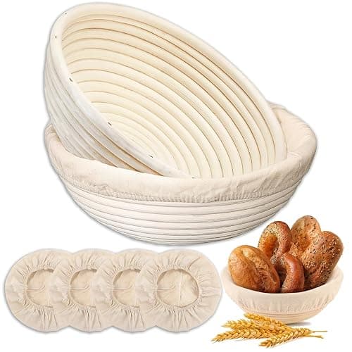 Banneton Bread Proofing Basket - Proofing Basket Set of 2 (9 inch Round) - Natural Rattan Banneton with 4 Linen Liners - Bread Basket for Sourdough Bread Baking Supplies - Image 1