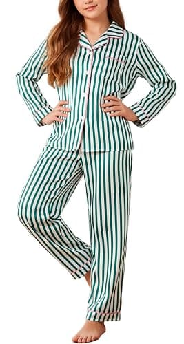 PATPAT Girls Satin Pajama Set - Silky Long Sleeve Sleepwear for Kids with Bag,Ages 5-14 Years - Image 1