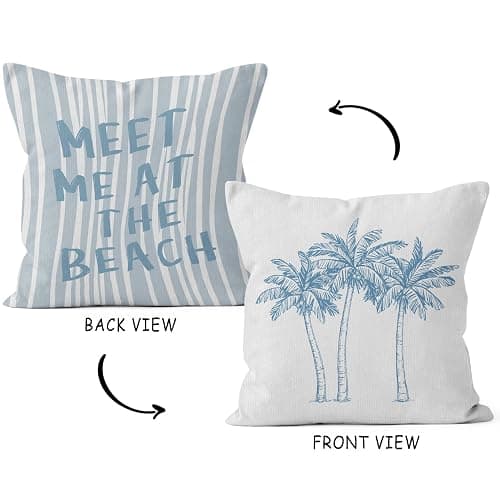HIWX Tropical Coastal Beach Pillow Covers 18x18 Double-Sided, Coastal Beachy Room Decor Aesthetic, Palm Tree Meet Me at The Beach Decorative Pillow Covers for Couch Bed Home Bedroom Decor thumbnail 4
