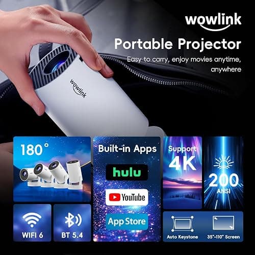 [Built-in Apps & 2025 Upgraded] Mini Projector with WiFi 6 and Bluetooth 5.4 Support 4K 1080P Auto Keystone 180° Rotatable Projector Portable Compatibile with HDMI/TV Stick/Memory Stick/Laptop, White thumbnail 2