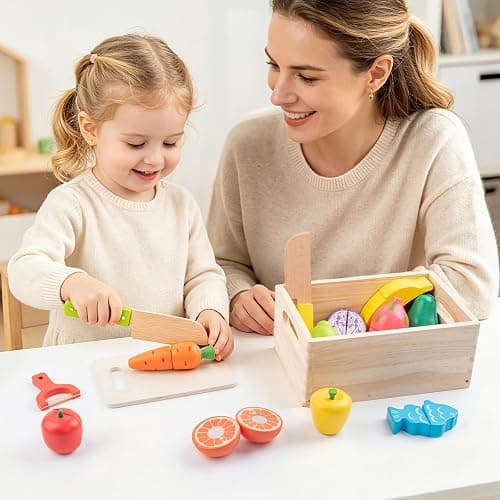 Wooden Play Food Sets for Kids Kitchen, Velcro Fruits & Veggies Cutting Set | Fake Food Play Kitchen Accessories, Learning Pretend Play for Toddlers 3-5 Boys Girls thumbnail 2