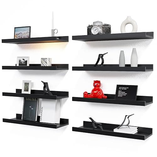 RICHER HOUSE 8-Set Floating Shelves with Lip, Black Wall Mounted Wood Shelf | Display Picture Ledge Shelf, Anti-drop lip Shelf for Room Wall Decor, Bedroom Bathroom Storage Nursery Hanging Book Shelves - Image 1