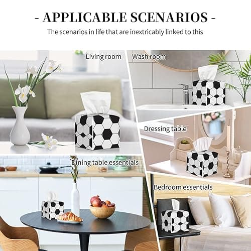 Tissue Box Cover Leather Napkin Holder Home Decor for Bathroom Vanity Countertop, Dining Table, Home Office Decor (Soccer Ball White and Black) thumbnail 8