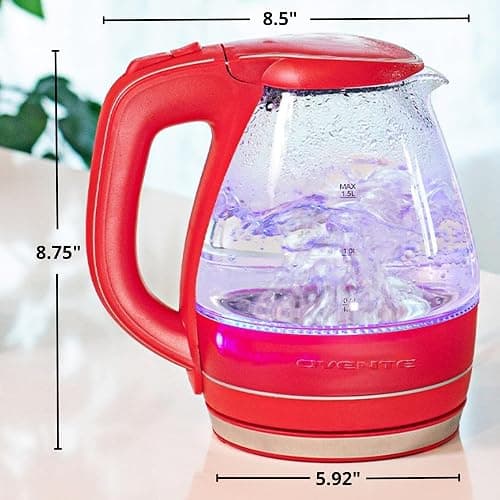 OVENTE Electric Kettle, 1.5L Borosilicate Glass Countertop Water Heater and Boiler for Coffee or Tea, BPA-Free, Auto Shut-Off, Boil-Dry Protection, Removable and Washable Spout Filter, Red KG83R thumbnail 3