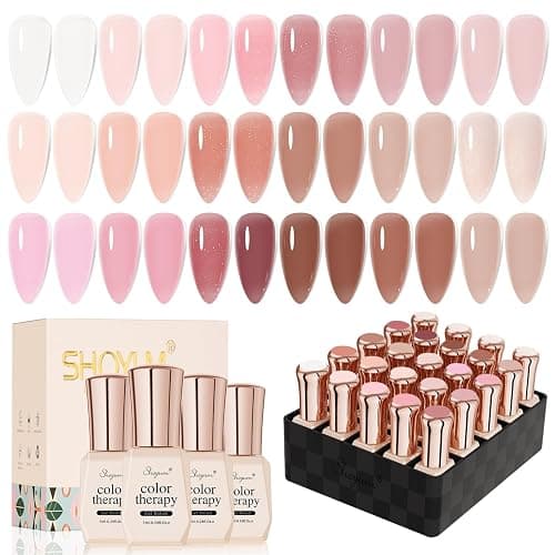 SHOYUM 24 Pcs Jelly Nude Gel Nail Polish Set, Sheer Pink Colors Gel Polish Kit with Glossy & Matte Top Coat and Base Coat for Nail Art DIY Manicure and Pedicure at Home - Image 1