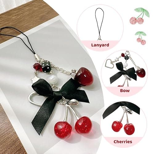 Muorruo Handyanhänger-Gurt, süße Kirsch-Handygurte, ästhetische rosa-rot-Schwarze Blaukirschen-Handykette, Y2K-Zubehör für Kamera-Schlüsselanhänger-Taschenanhänger-Dekor-Geschenk thumbnail 4