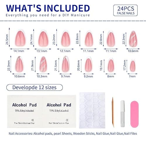 French Press On Nails Short Almond, Nude Fake Nails with White French Tip and Minimalist Gold Line Design, Glossy Gel Finish Acrylic Nails, Natural Reusable Glue On Nails Kit for Women, Luxe Line thumbnail 5