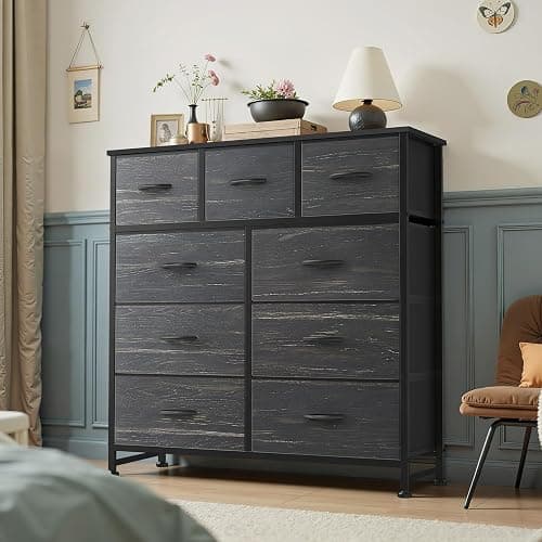 OLIXIS 9 Drawer Storage Dresser with Wood Top - Wide Fabric Chest Organizer for Bedroom, Closet, Living Room,Tower Cabinet, TV Stand, Hallway Entryway Furniture,Black Wood Grain thumbnail 6