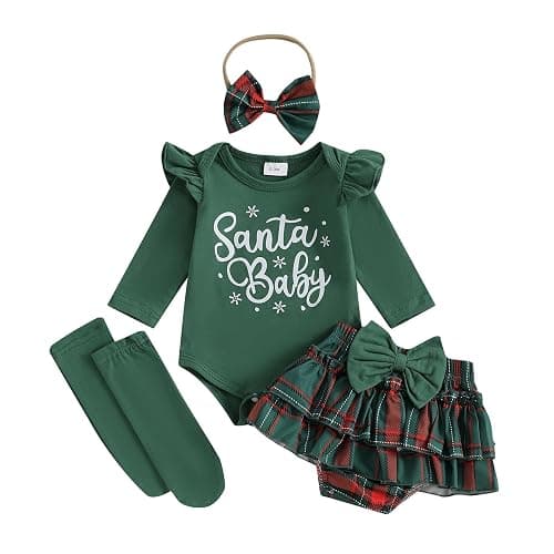 FYBITBO Newborn Baby Girl Christmas Outfits Cute Letter Romper Ruffle Plaid Skirt Dress Infant Christmas Outfit Clothes Set - Image 1
