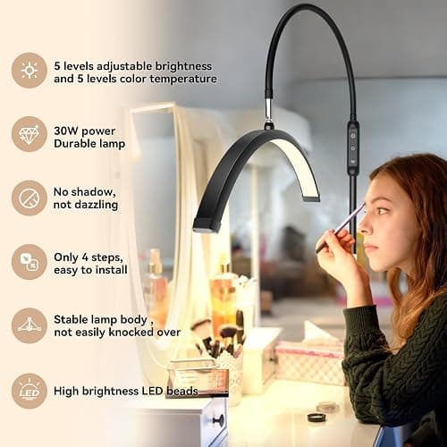 Fitlume Lash Light for Eyelash Tech, Gooseneck Floor Lamp Led Half Moon Ring Light for Eyelash Extensions, Tattoo Artist, Nail Tech, Esthetician, Cool/Warm Modes, Dimmable Brightness, Movable Tray thumbnail 8