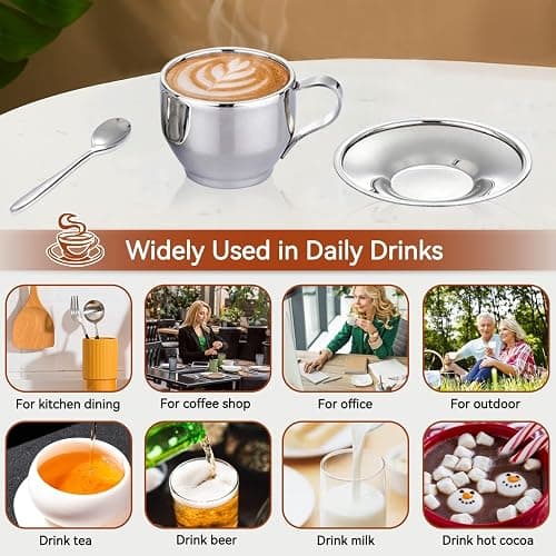 Stainless Steel Coffee Cup Set - 125ML Espresso Cups with Saucer and Spoon for Coffee and Tea Lovers thumbnail 4