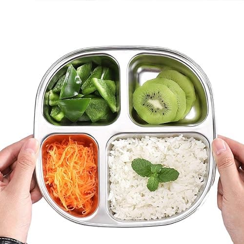AIYoo Set of 2 Stainless Steel Dinner Plates 4 Sections Divided Platter Dinner Tray - Lightweight Metal Plate for Adults and Campers, Portion Control Bariatric Weight Loss and Diabetic Diet Plates thumbnail 4