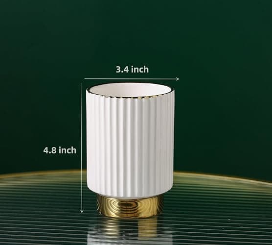 IEEK Makeup Brush holder Organizer,Glass Cosmetic Makeup Brush Cup Ceramics Brushes Storage Holder,White and Gold Modern Make Up Brush Cup Pen Pencil Holder Striped Vase thumbnail 3