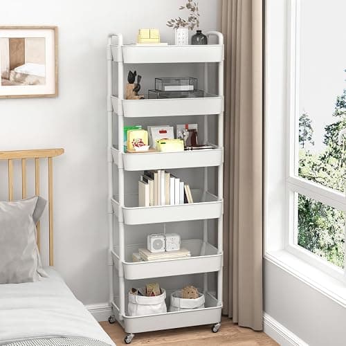 Sywhitta 6-Tier Plastic Rolling Utility Cart with Handle, Multi-Functional Storage Trolley for Office, Living Room, Kitchen, Movable Storage Organizer with Wheels, White thumbnail 5