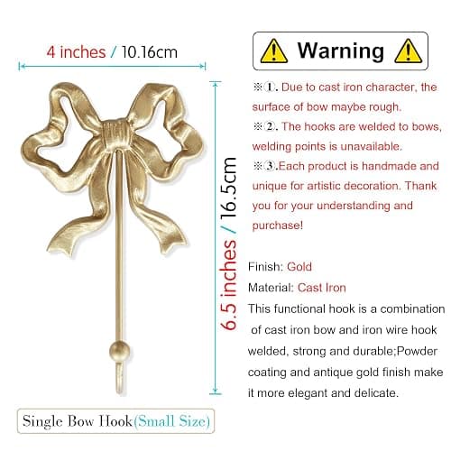 BITALYE Single Bow Hook,Gold Cast Iron Hook,Size(S):4.1x6.5 inches | Wall Mounted,Gold Cast Iron,For Coats,Bath Towels,Room Decor,Bathroom,cute coquette decor,Office thumbnail 3