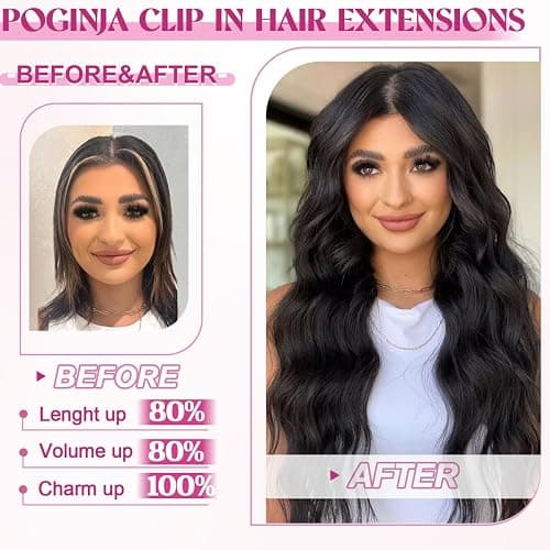 POGINJA Clip in Hair Extensions Real Human Hair, Remy Human Hair Clip in Extensions for Black Women, Invisible Natural Straight Seamless Clip ins Hair Extensions 8pcs Double Weft #1B 22inch 110g thumbnail 4