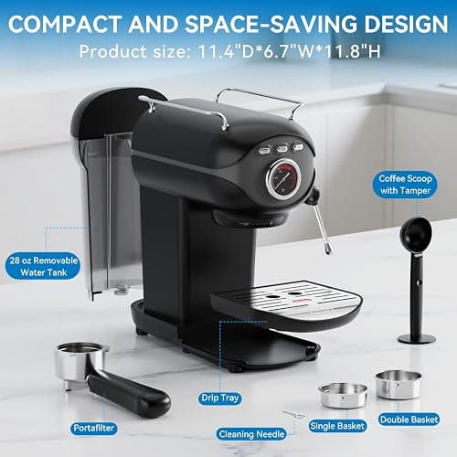XIXUBX Espresso Machine, 20 BAR Pump Temperature Control, Compact Espresso Maker with Steam Milk Frother, Professional Coffee Makers for Home, Cappuccino, Latte, Gifts for Coffee Lover, Black thumbnail 7