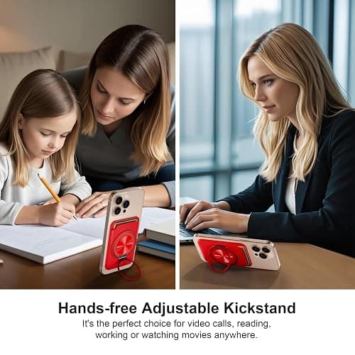 BOXDXB Magnetic Phone Card Holder, with 360° Rotatable Ring Holder Kickstand, Strong Magnetic Phone Wallet Stand Compatible with iPhone 17/16/15/14/13/12 Series for Women, Men, Red thumbnail 3