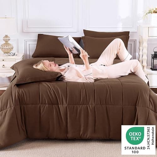 CozyLux Twin XL Comforter Set Brown - 5 Pieces Twin XL Bed in a Bag, Oeko-Tex Certified Bedding Set, All Season Soft Bed Set with Down Alternative Comforter, Sheets, Pillowcase & Sham thumbnail 3