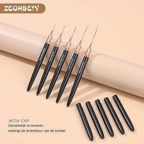 ZEOHBETY Metallic Nail Art Brushes, 5Pcs Nail Art Liner Brushes, Painting Art Design Brush Set Nail Dotting Drawing Tool for Long Lines, Thin Details, Fine Drawing Sizes 4/8/12/20/25mm, Black thumbnail 2