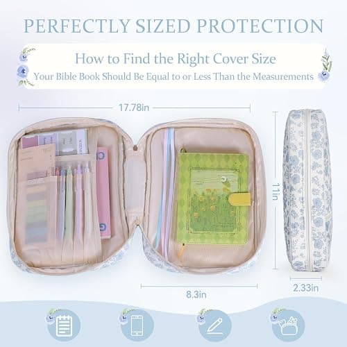 Bible Cover Case for Women, Large Quilted Bible Carrying Case with Handles, Bible Study Supplies & Accessories Christian Gifts for Women(Blue Flower) thumbnail 2