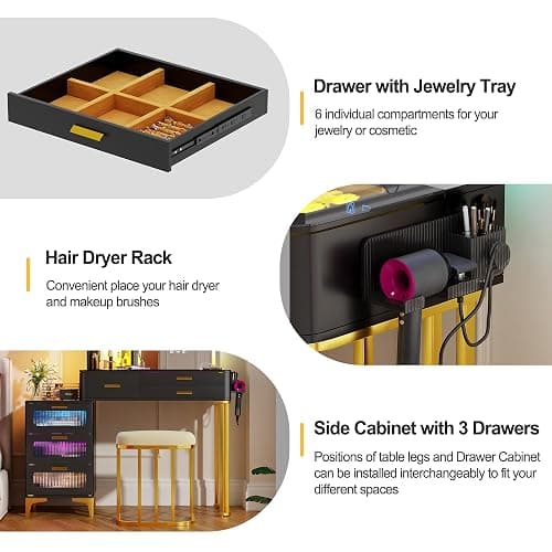 HNEBC Vanitys with HD Glass Display Table, Makeup Desk with Lighted Mirror and Charging Station, Dressing Table with RGB Lights,Jewelry Organizer,Cabinet,6Drawers,Chair for Women/Girls (Black) thumbnail 4