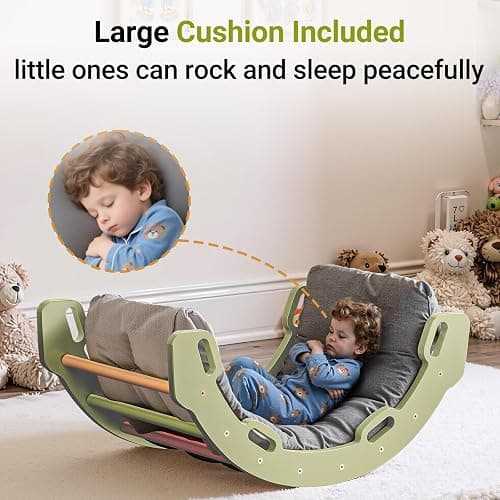 COSYLAND Kids Climber Arch Rocker with Cushion - Solid Wood Indoor Pikler Climbing Toys for Toddler with Handrails - Scentless Indoor Playground Arch Climbing Ladder (Green Frame, Rainbow Sticks) thumbnail 9