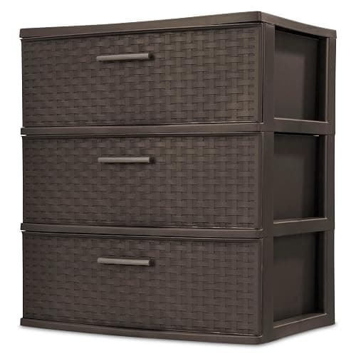 Brown 3 Drawer Wide Weave Tower - Plastic Décor Drawers with Pull Handles - Image 1