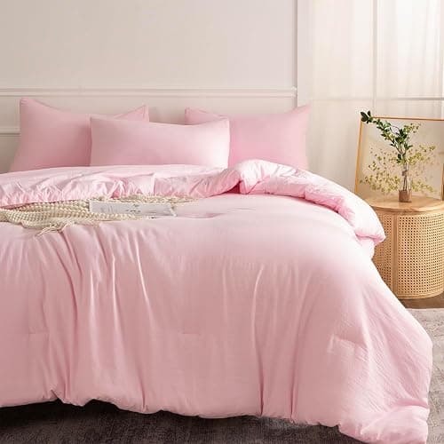 TISPLR Pink Comforter Set Queen 3 Pieces Soft Bedding Bright Comforter Queen Light Pink Style Lightweight Comforter Set for All Seasons 1 Comforter and 2 Pillowcases - Image 1