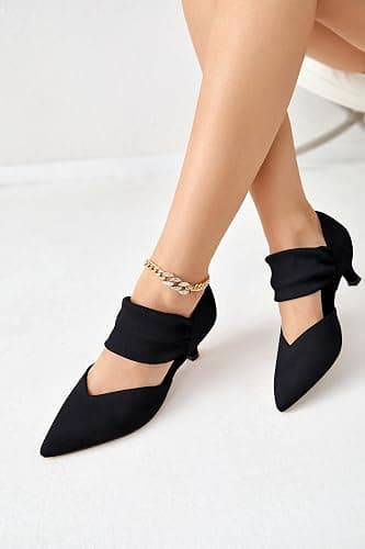 Coutgo Womens Low Kitten Heel Dress Shoes Pointed Toe Slip on Ankle Strap Cutout Elegant Party Wedding Pumps thumbnail 2