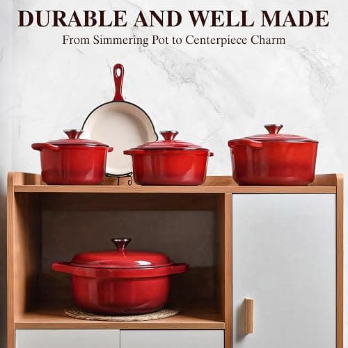 Umite Chef 7QT Enameled Cast Iron Dutch Oven with Lid & Cotton Potholders–Heavy-Duty Cookware for Bread Baking, Braising, Stews, Marinate, Cook(Red) thumbnail 8